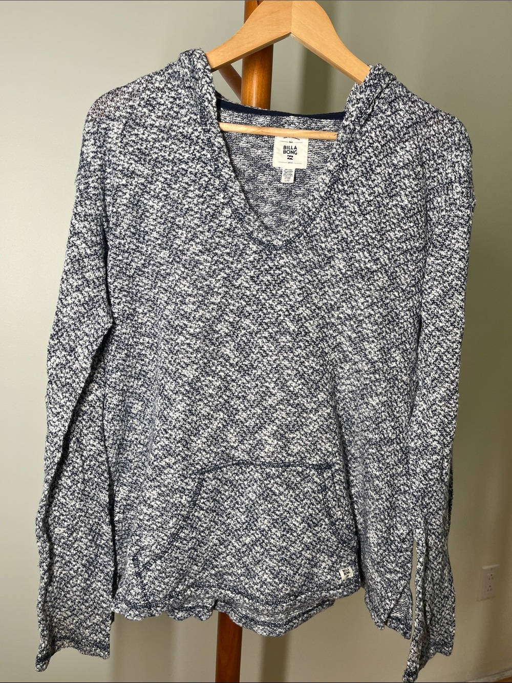 Billabong Women's Navy and White Marled V-Neck Hoodie Sweater